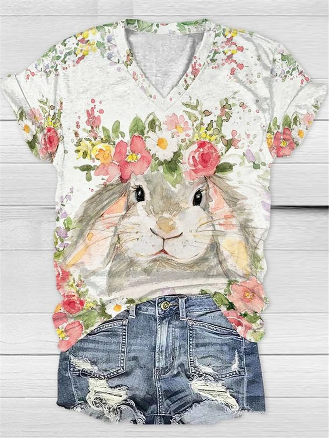 Retro Bunny Print Short Sleeve V-Neck T-Shirt