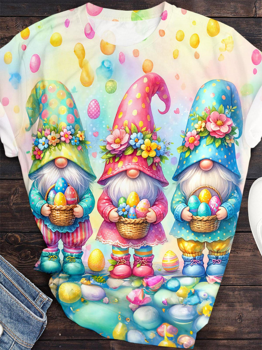 Easter Gnomes Print Crew Neck T-shirt