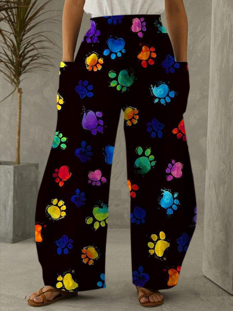 Colorful Paw Print Casual Trousers