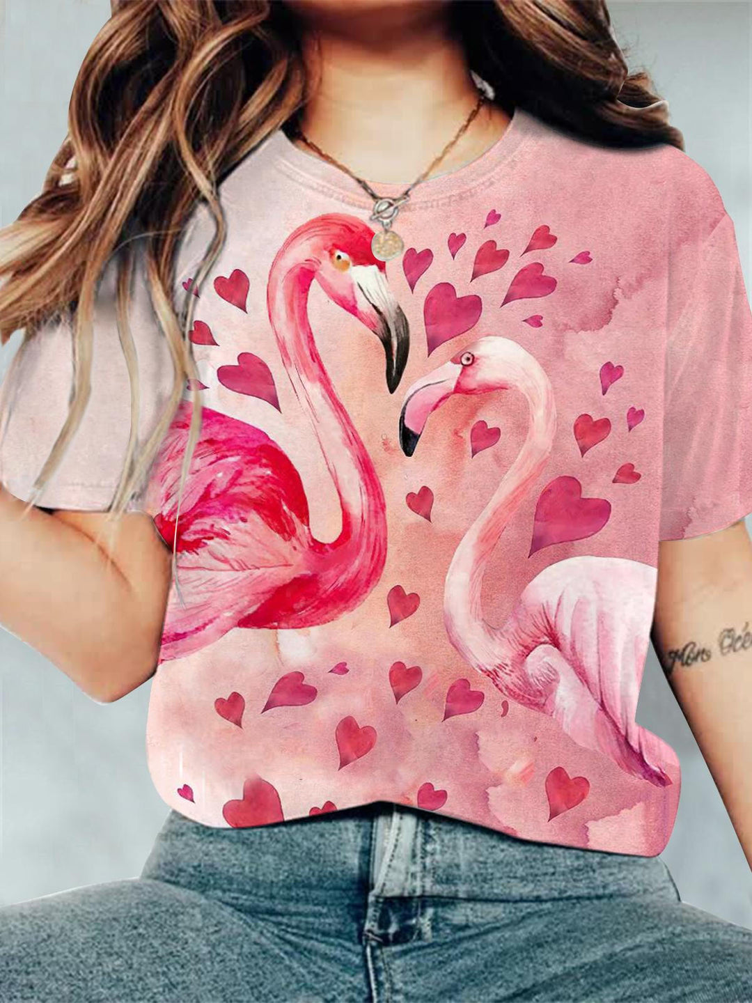 Valentine's Day Flamingo Print Crew Neck T-shirt
