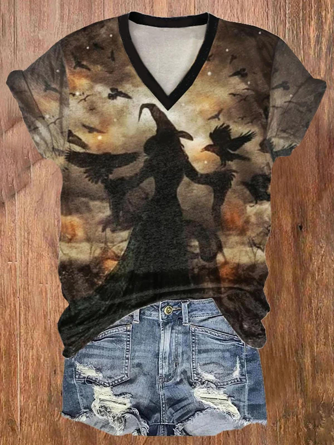 Halloween Witch Print V Neck T-Shirt