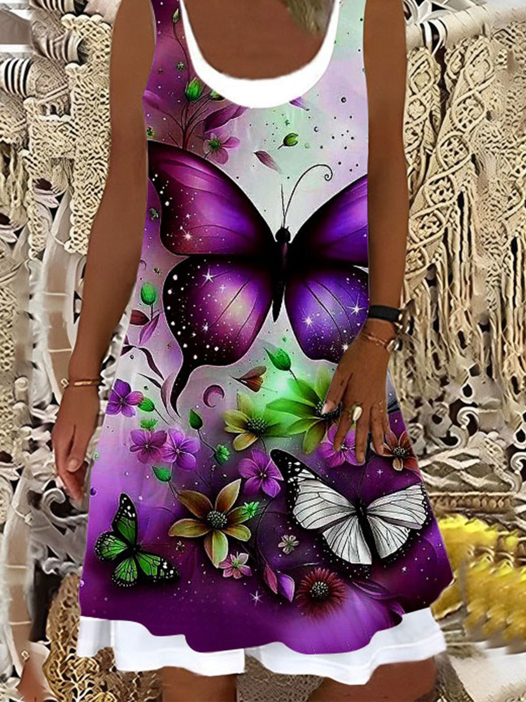 Purple Butterfly Print Casual False Two Dress
