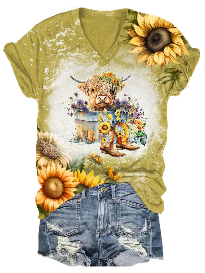 Sunflower Highland Cow Print Tie Dye V Neck T-Shirt