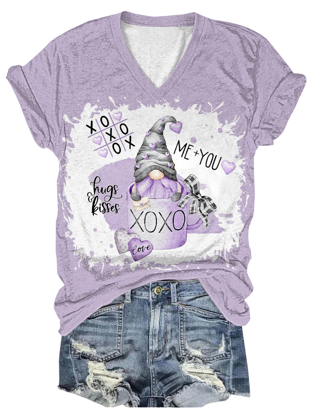 Women Valentines XOXO Gnome Print V-Neck Multicolor T-Shirt