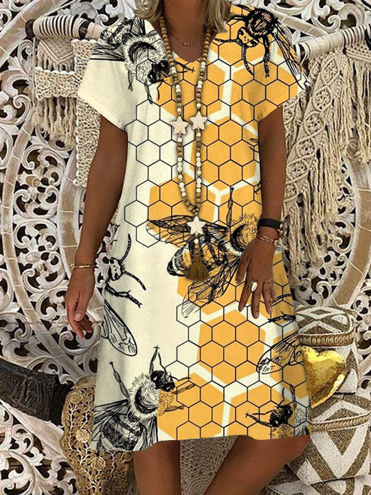 Women's Bee Honeycomb Print V Neck Short Sleeve Dress