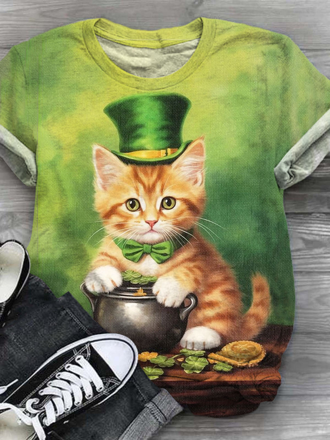 Cat Patrick's Day Print Crew Neck T-Shirt