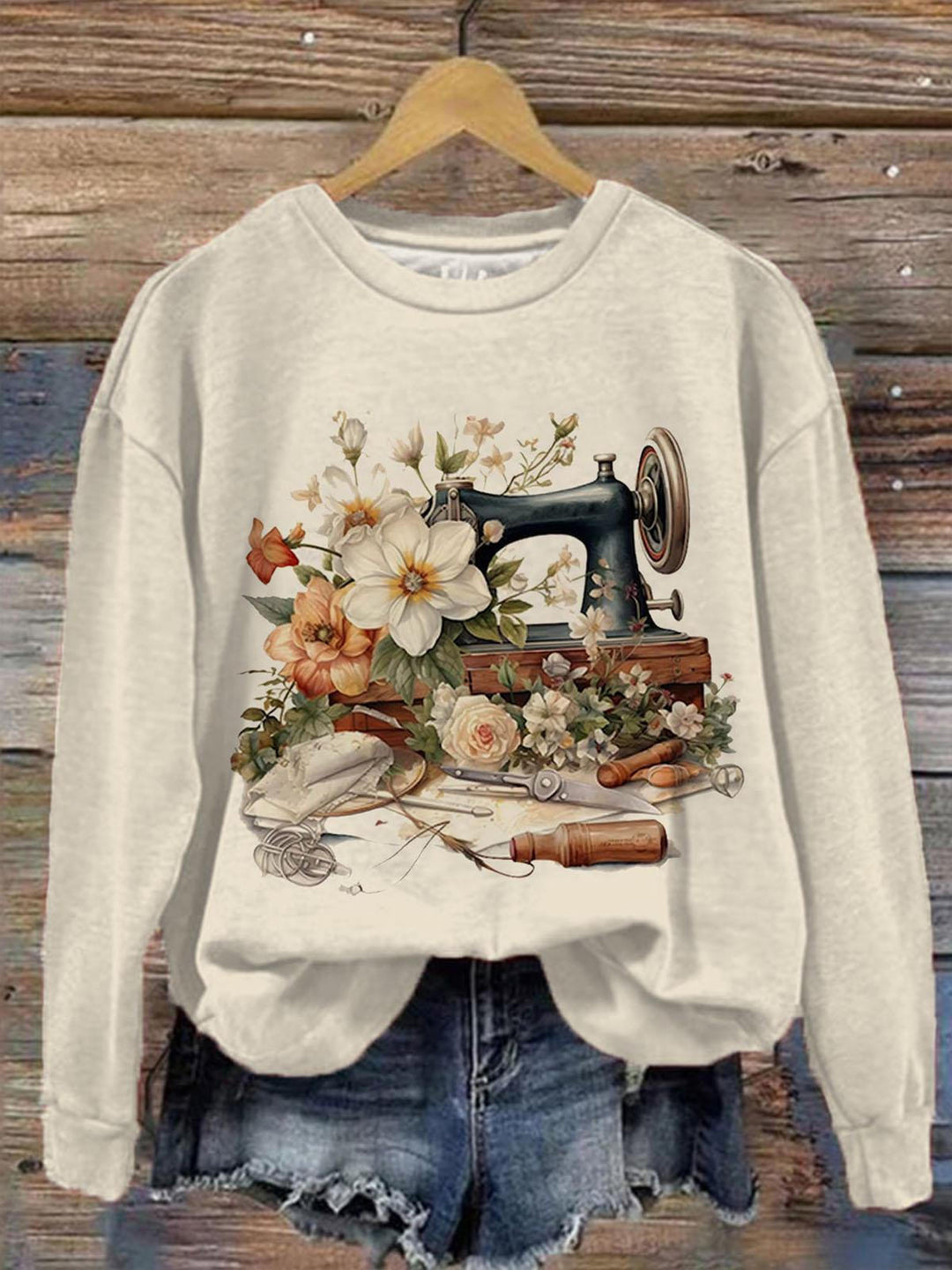 Women's Floral Sewing Machine Retro Long Sleeve Crewneck Top