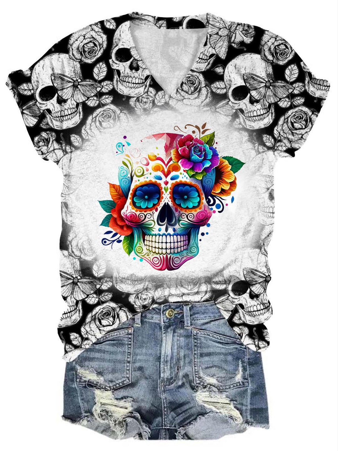 Skull Flower Butterfly V Neck T-shirt
