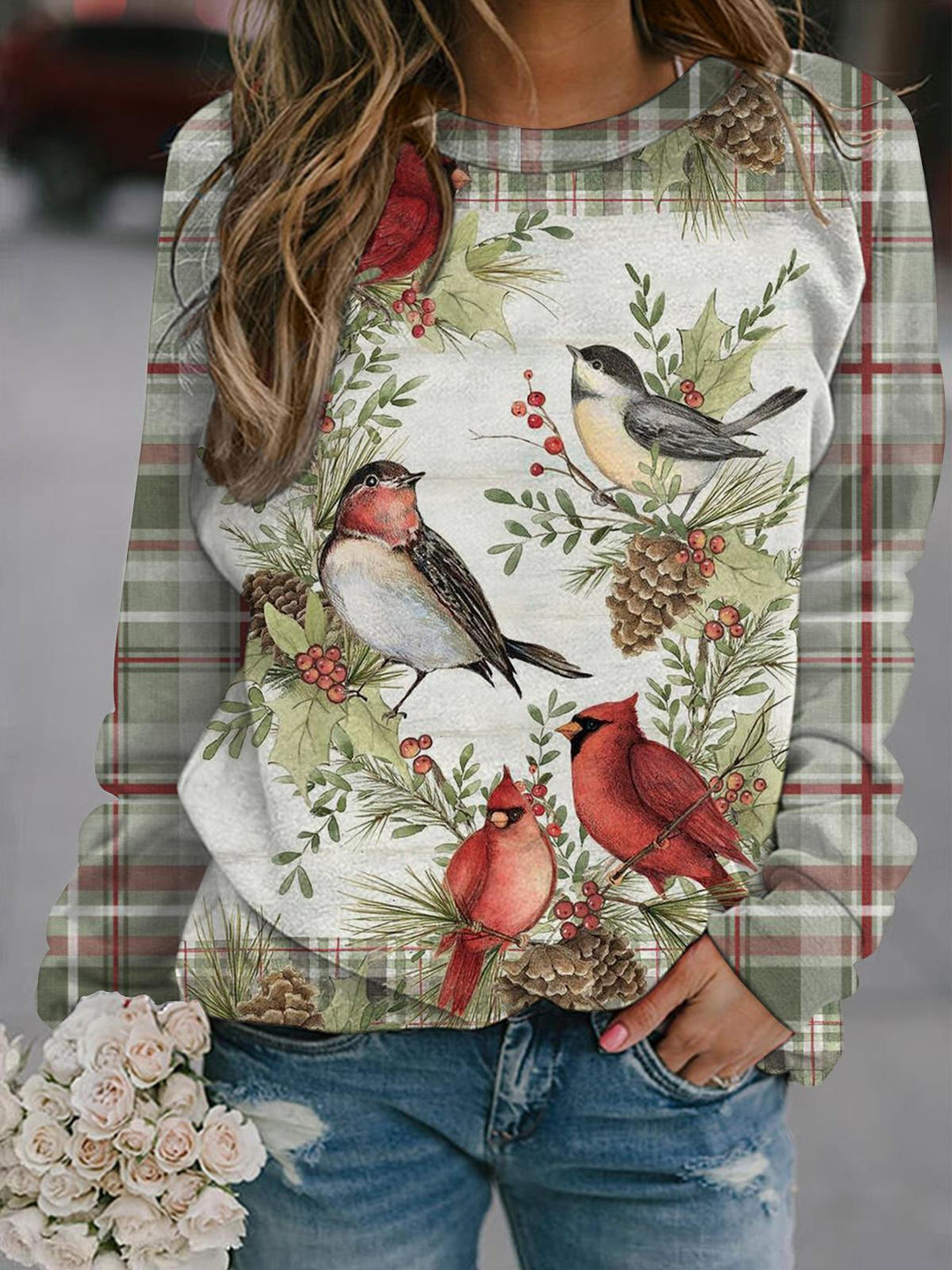 Christmas Tree Birds Long Sleeve Casual Top