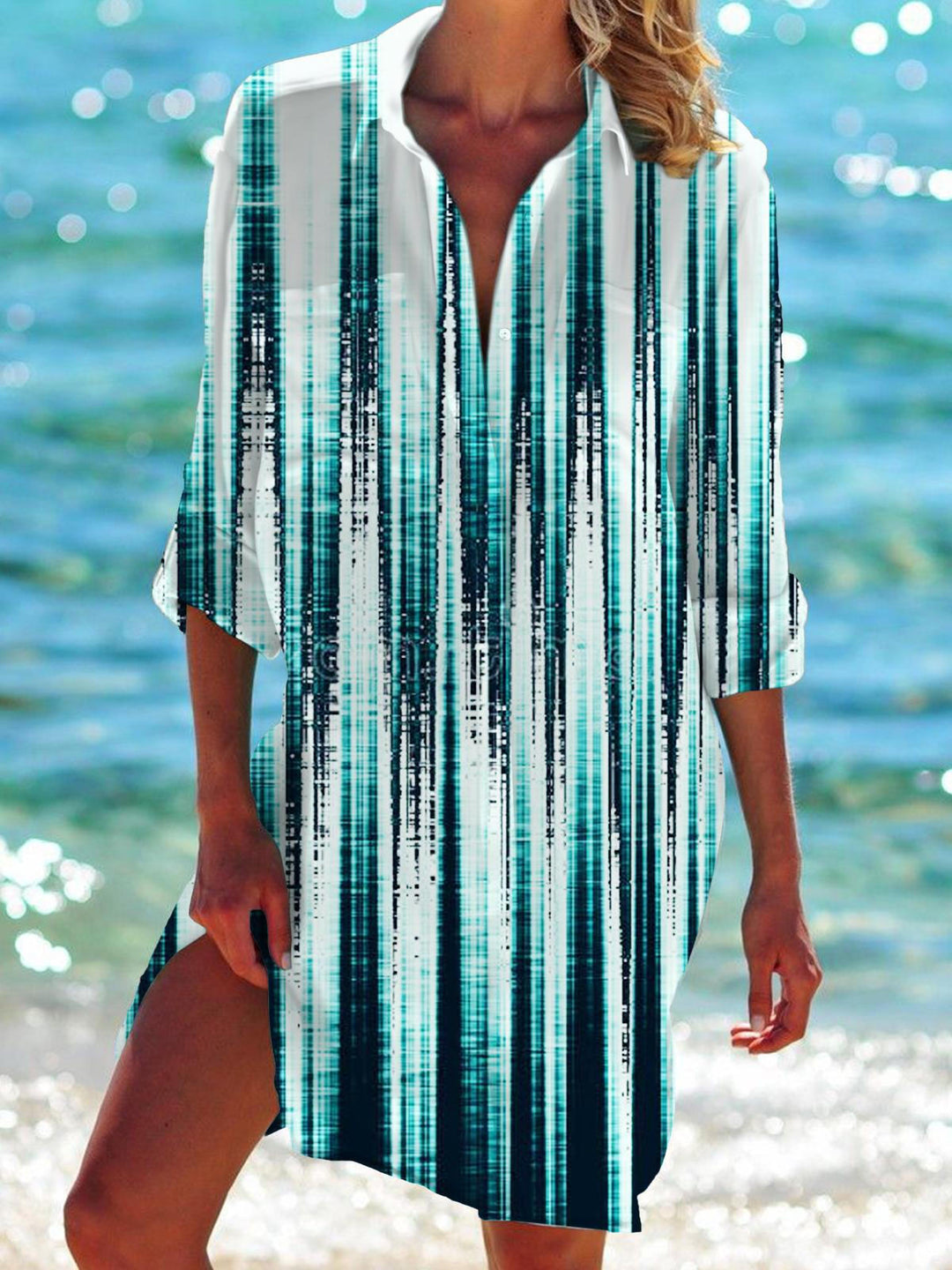Abstract line Art Long Sleeve Beach Shirt Dress