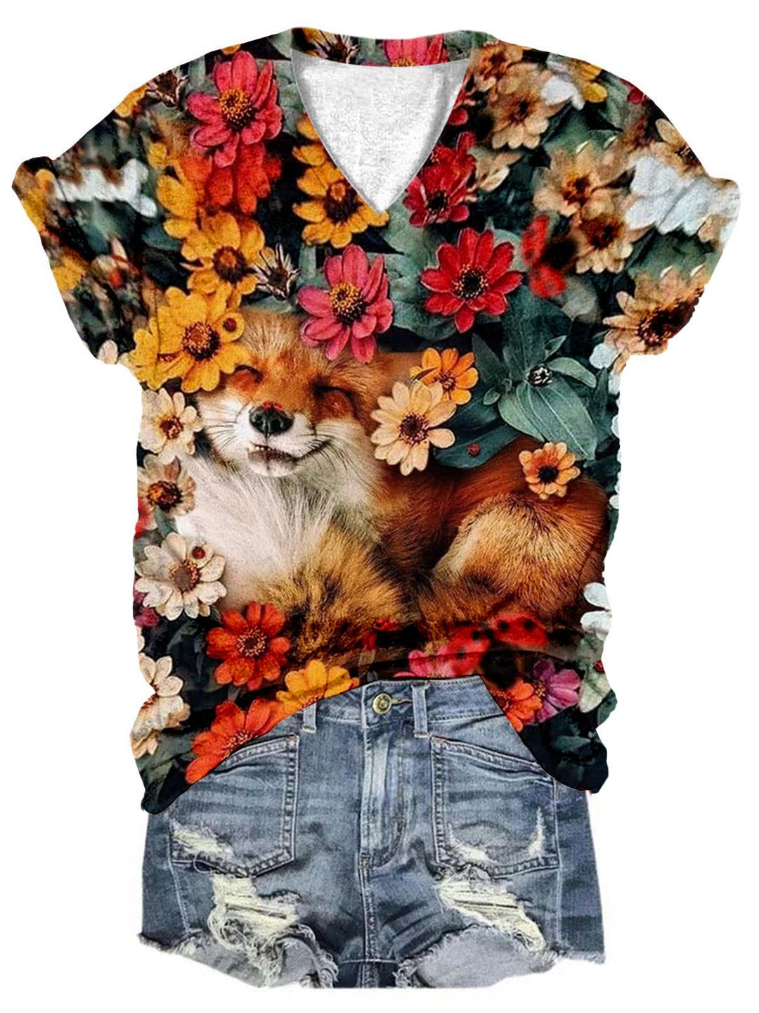 Flower Garden Fox Print V Neck T-Shirt