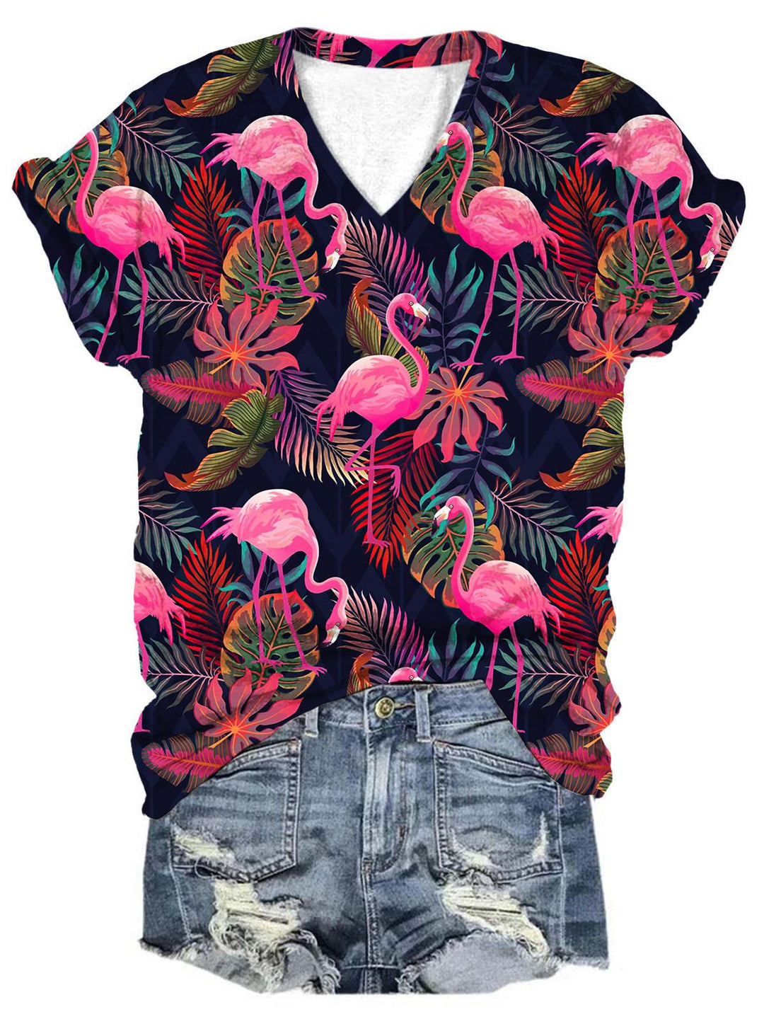 Women's Flamingo Print V-Neck Top