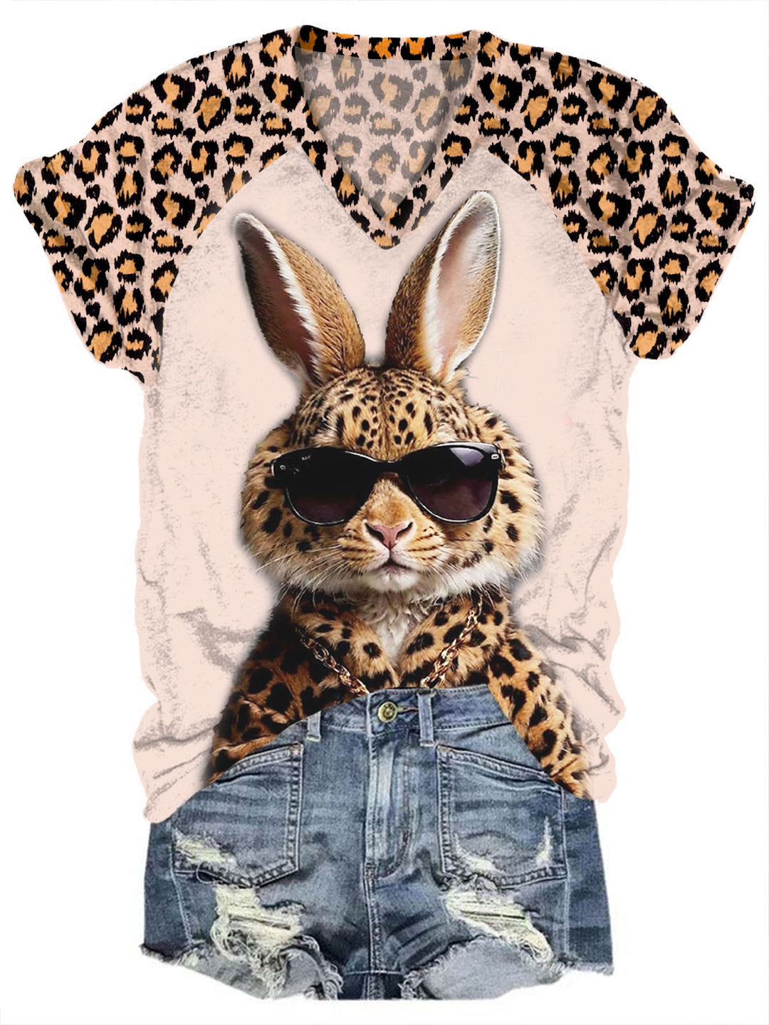 Leopard Rabbit Print V-Neck T-Shirt