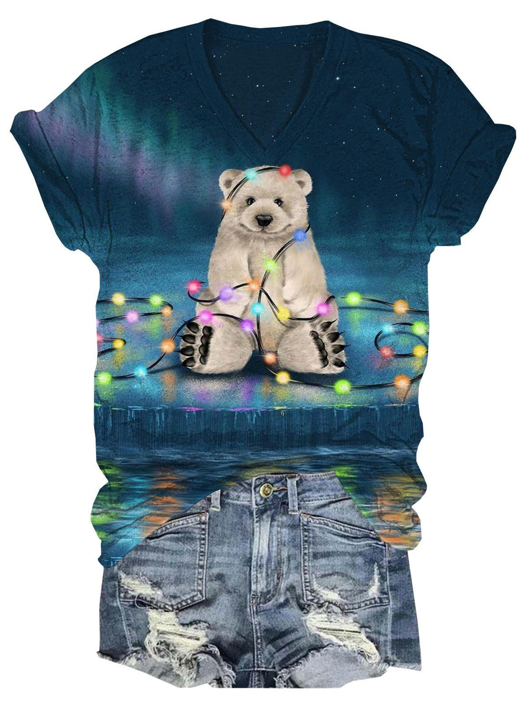 Polar Bear Christmas Light V-Neck T-Shirt