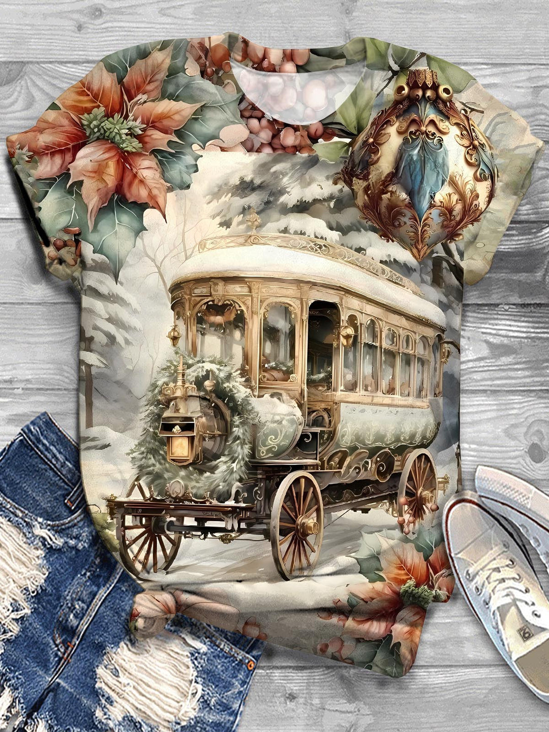 Christmas Trolley Print Crew Neck T-shirt