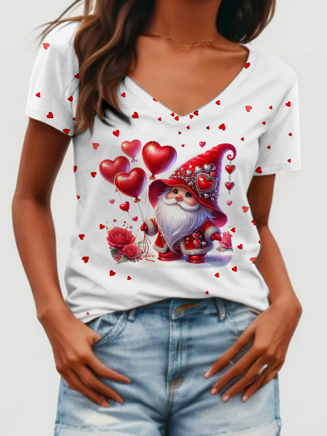 Heart Balloon Gnome V-Neck T-Shirt