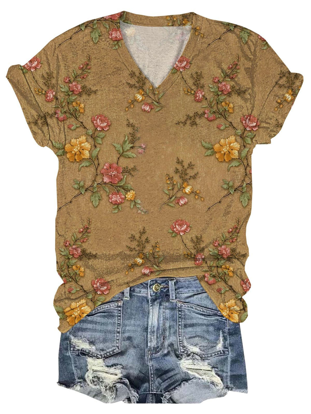 Vintage Flower V-Neck Short Sleeve T-Shirt