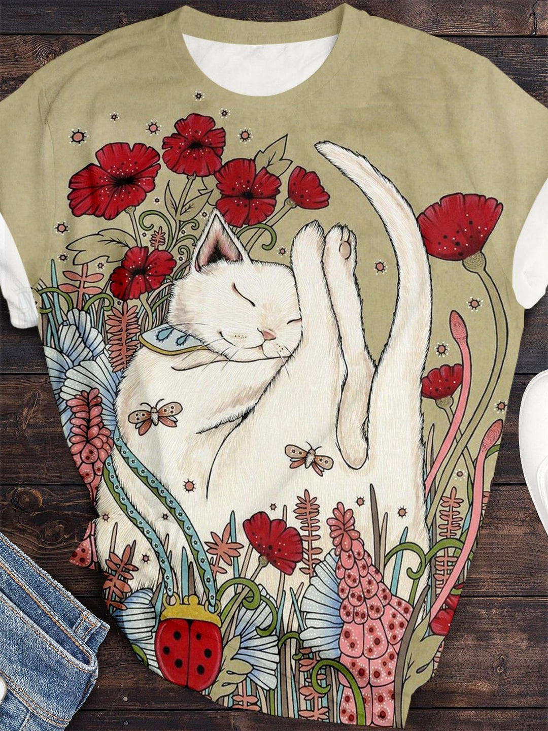 Cute Cat And Floral Print Crew Neck T-shirt