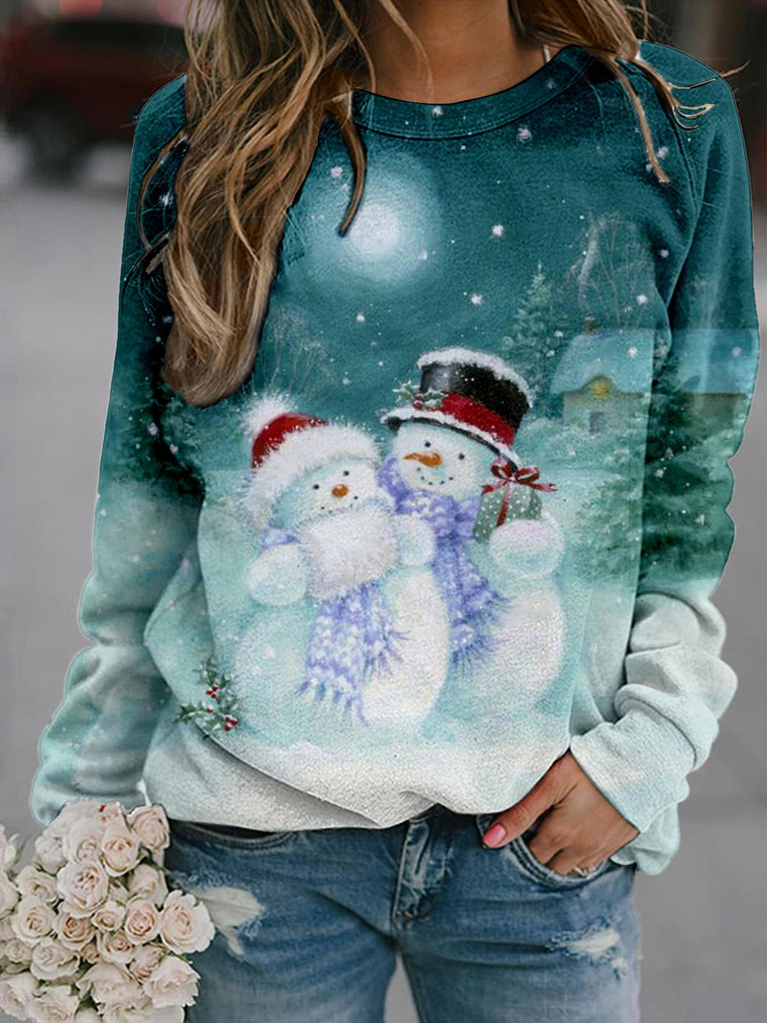 Moon Snowman Long Sleeve Casual Top