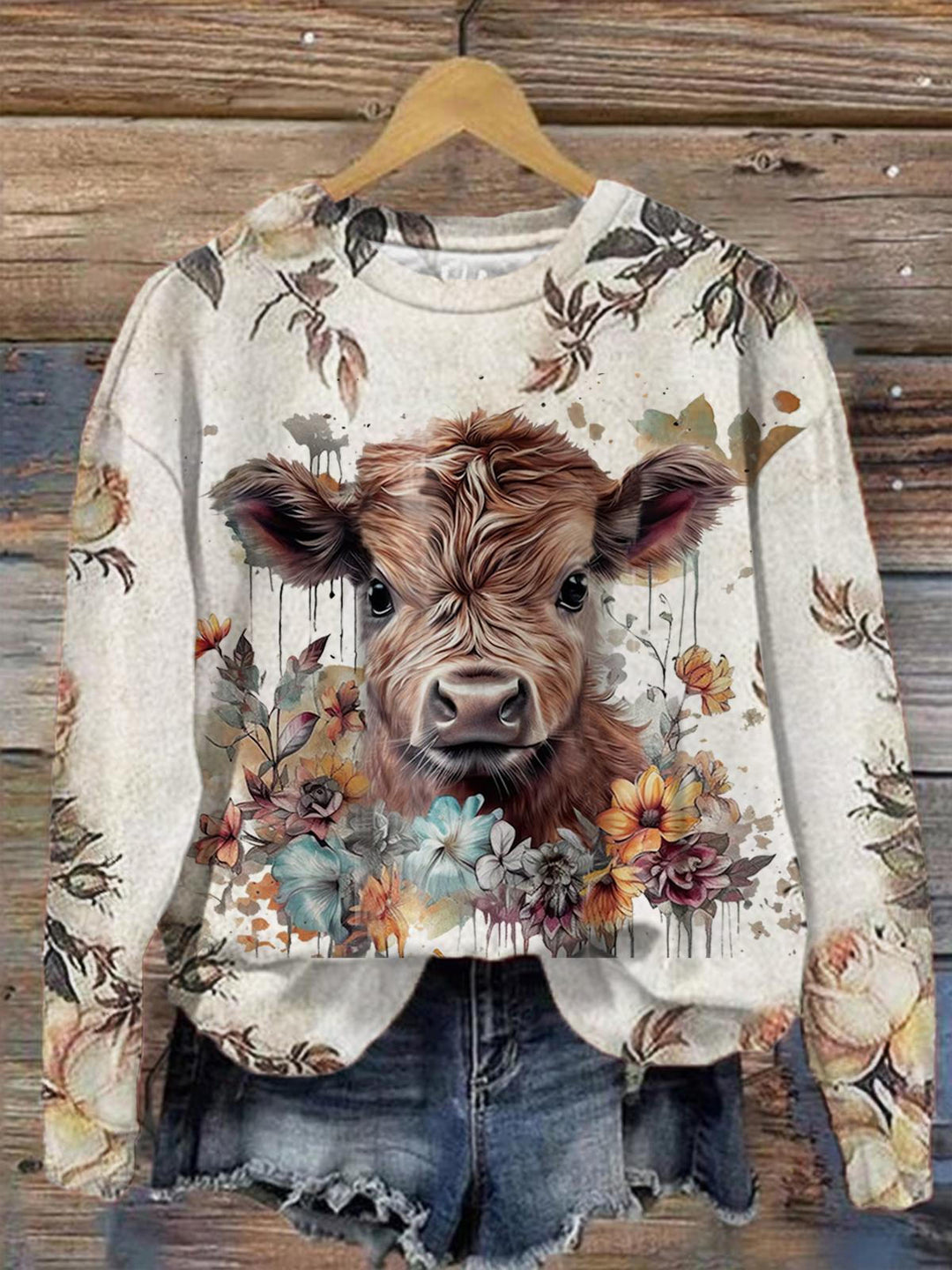Women's Floral Highland Cow Print Long Sleeve Top