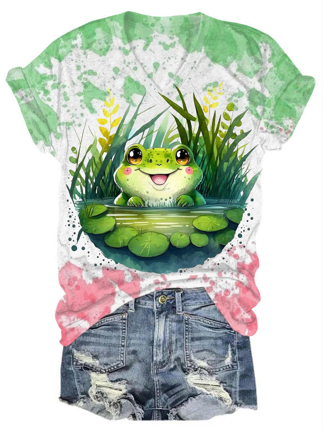 Tie Dye Frog Lotus Leaf Pond V-Neck T-Shirt