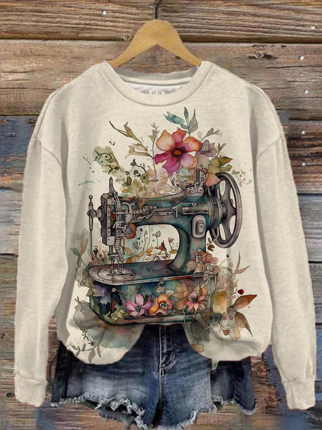 Women's Floral Sewing Machine Retro Long Sleeve Crewneck Top