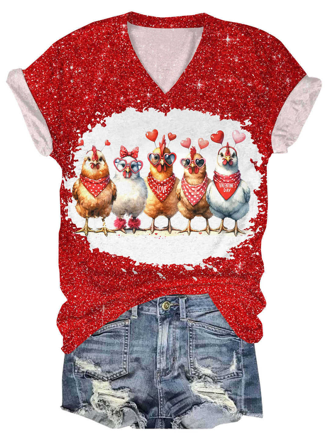 Valentine's Day Farm Chickens Print V-Neck Short Sleeve T-Shirt