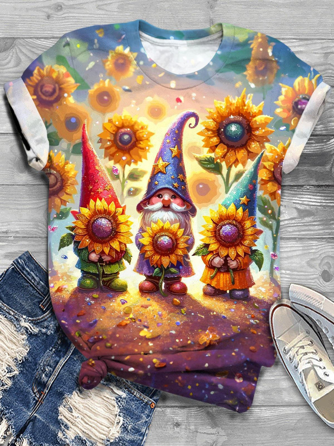 Sunflower Garden Gnomes Crew Neck T-shirt