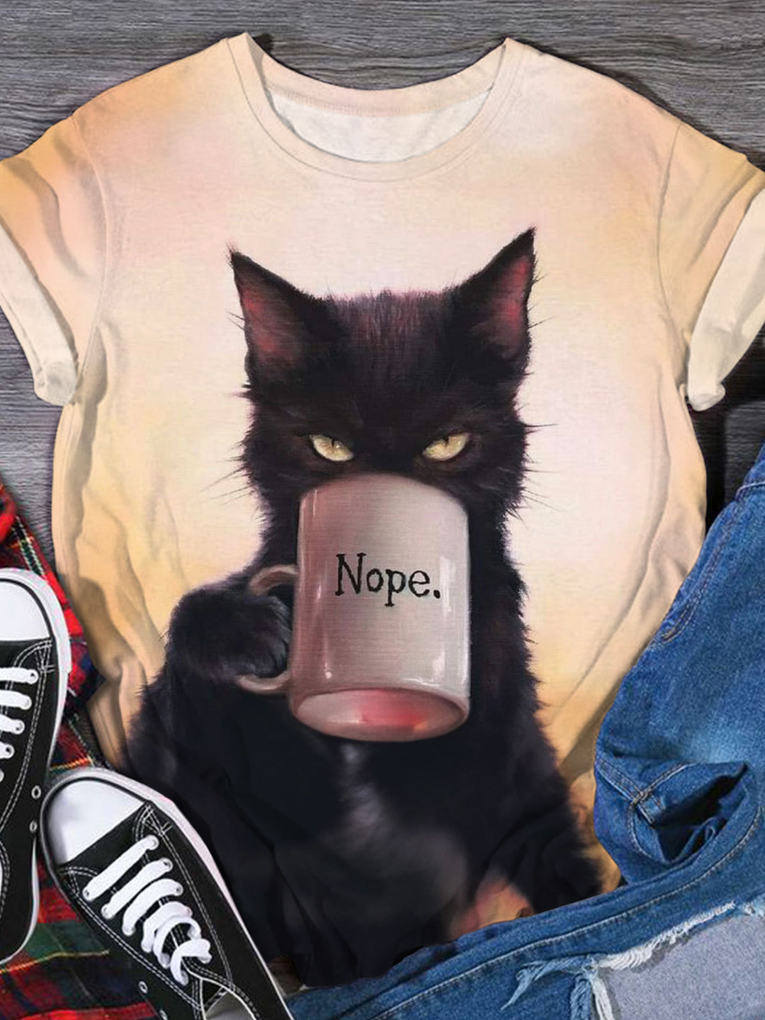 Black Cat Nope Funny Print Crew Neck T-shirt