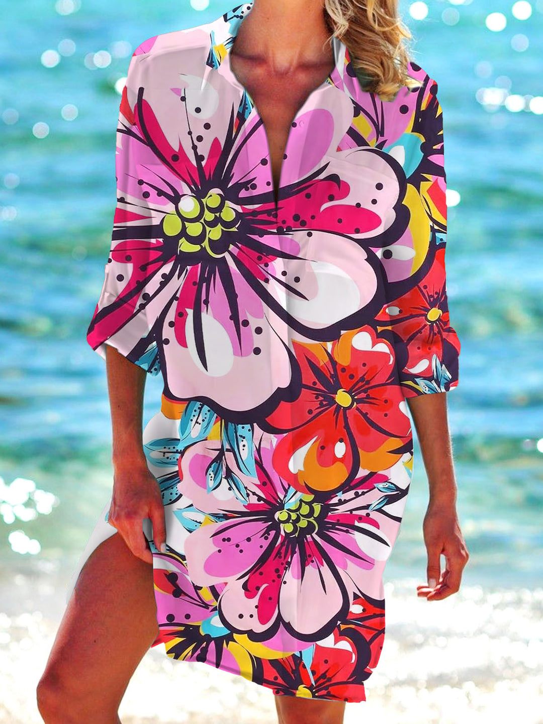 Floral Print Long Sleeve Beach Shirt Dress
