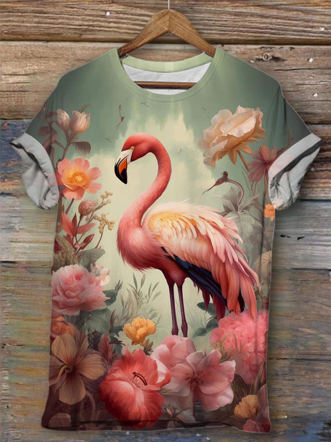 Pink Flower Flamingo Crew Neck T-shirt