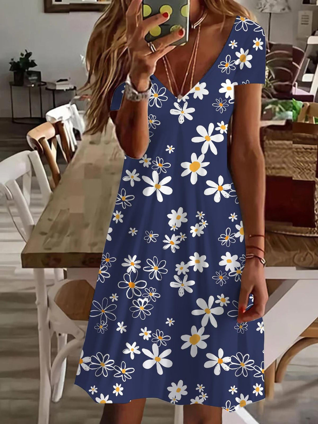 Floral V Neck Short Sleeve Dress