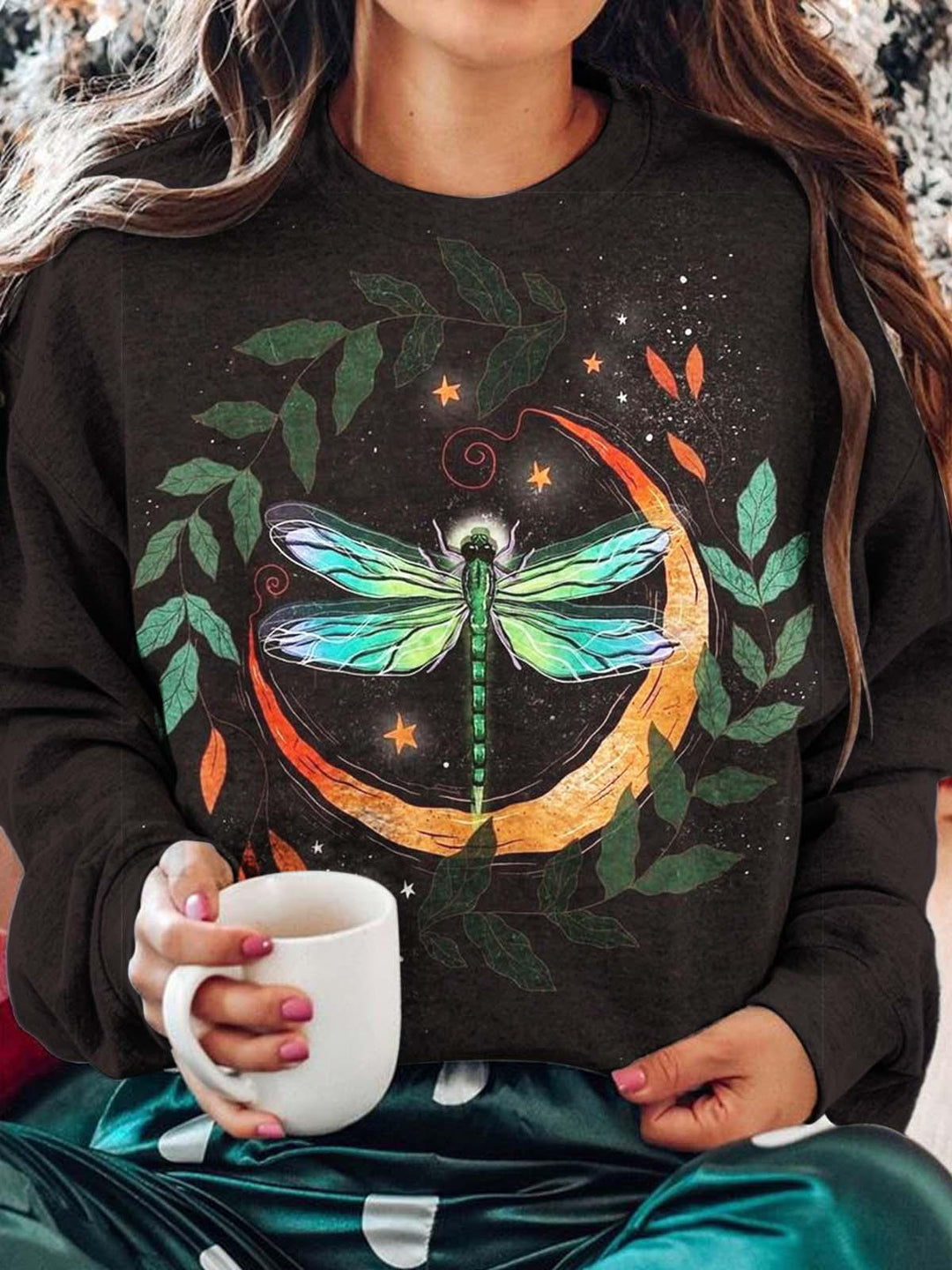 Moon Dragonfly Floral Print Long Sleeve Top