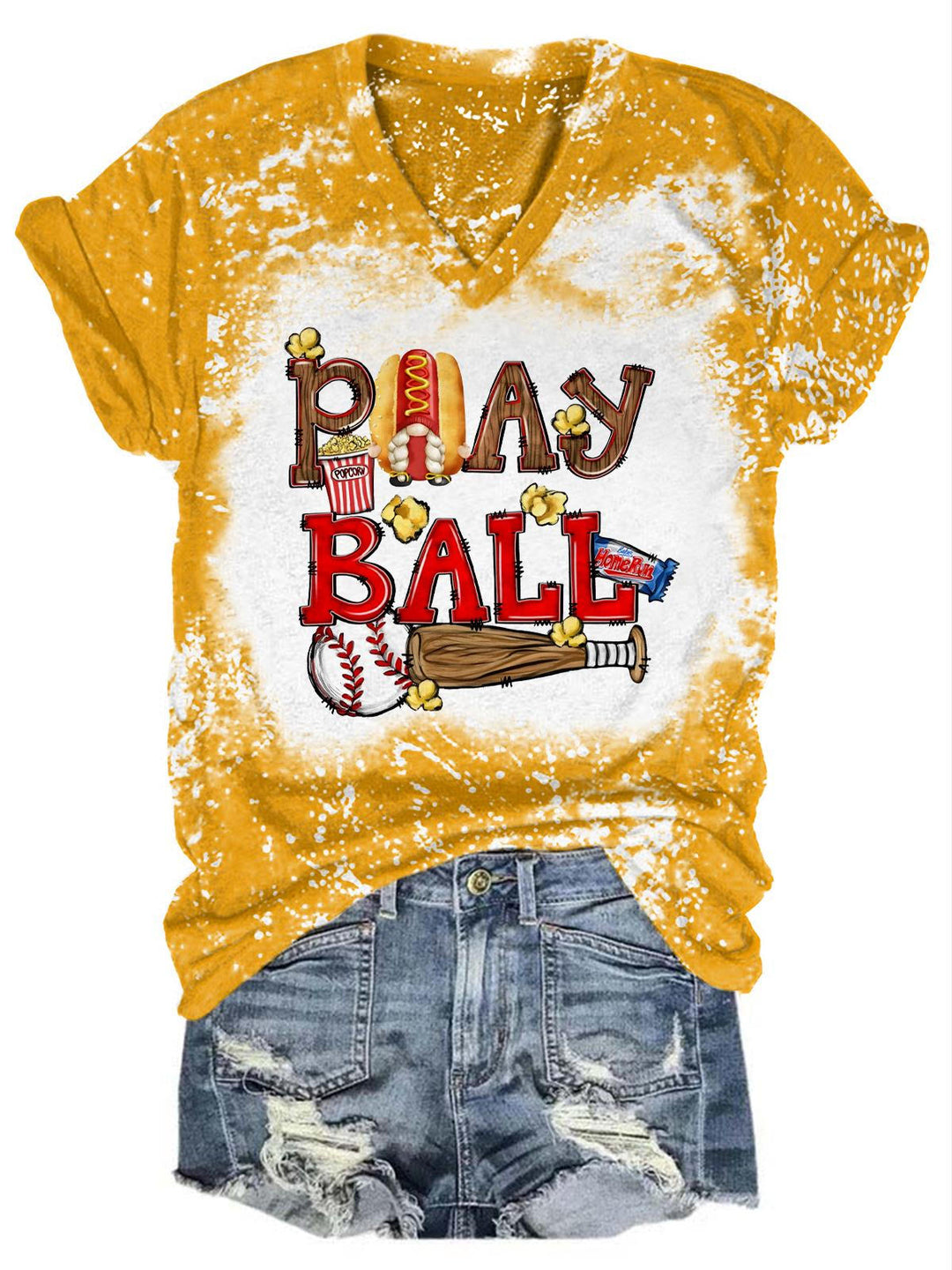 Play Ball Gnome Print Tie Dye V Neck T-Shirt