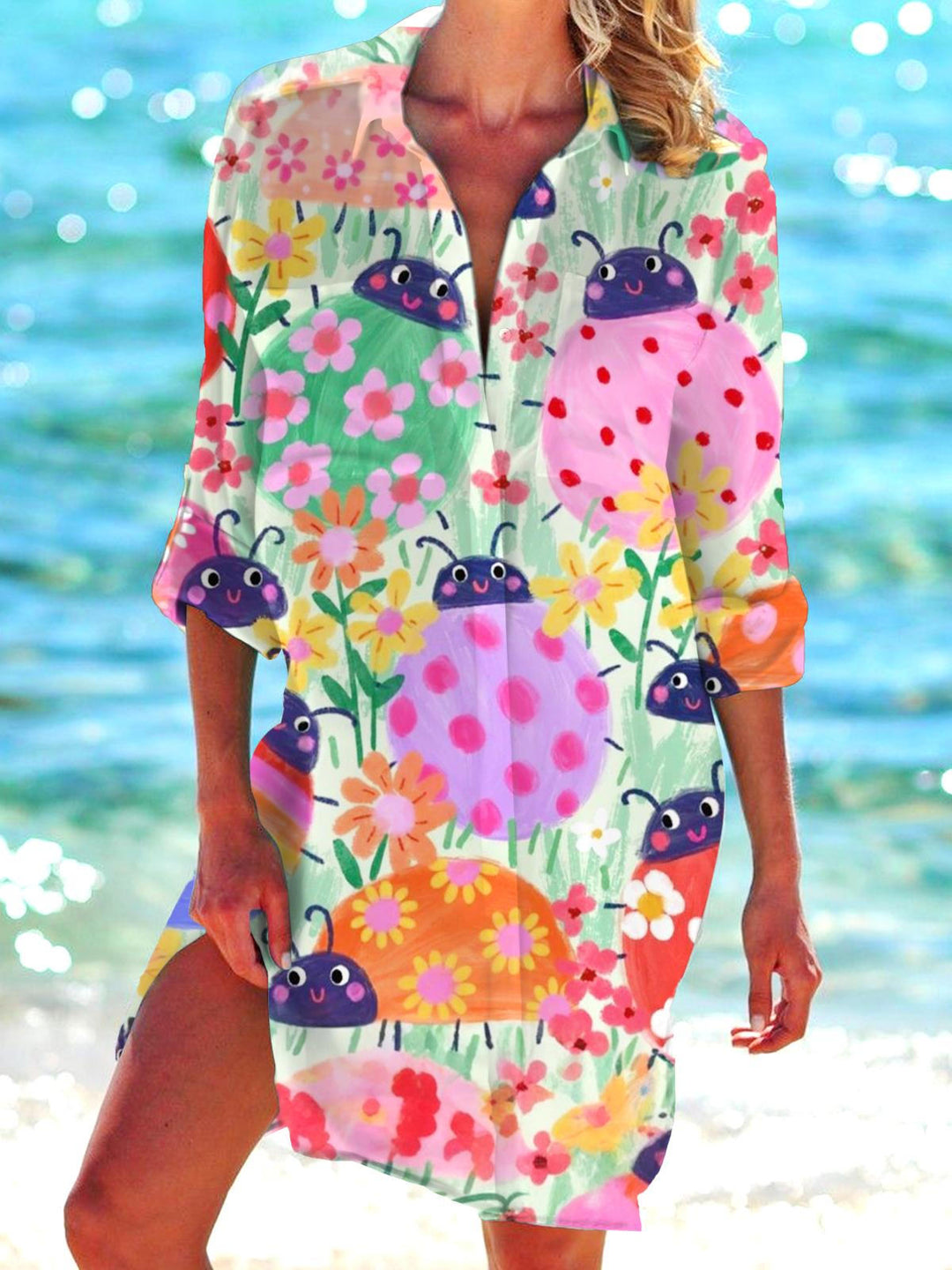 Colorful Floral Ladybug Print Long Sleeve Beach Shirt Dress