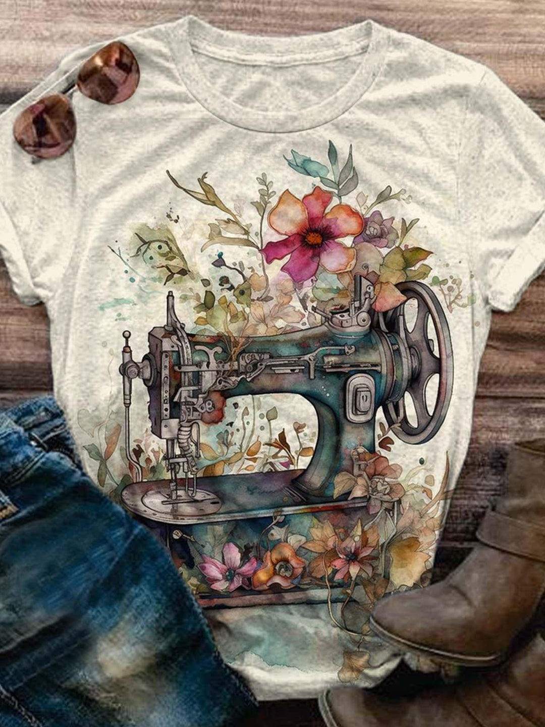 Women's Sewing Machine Floral Print Retro Top