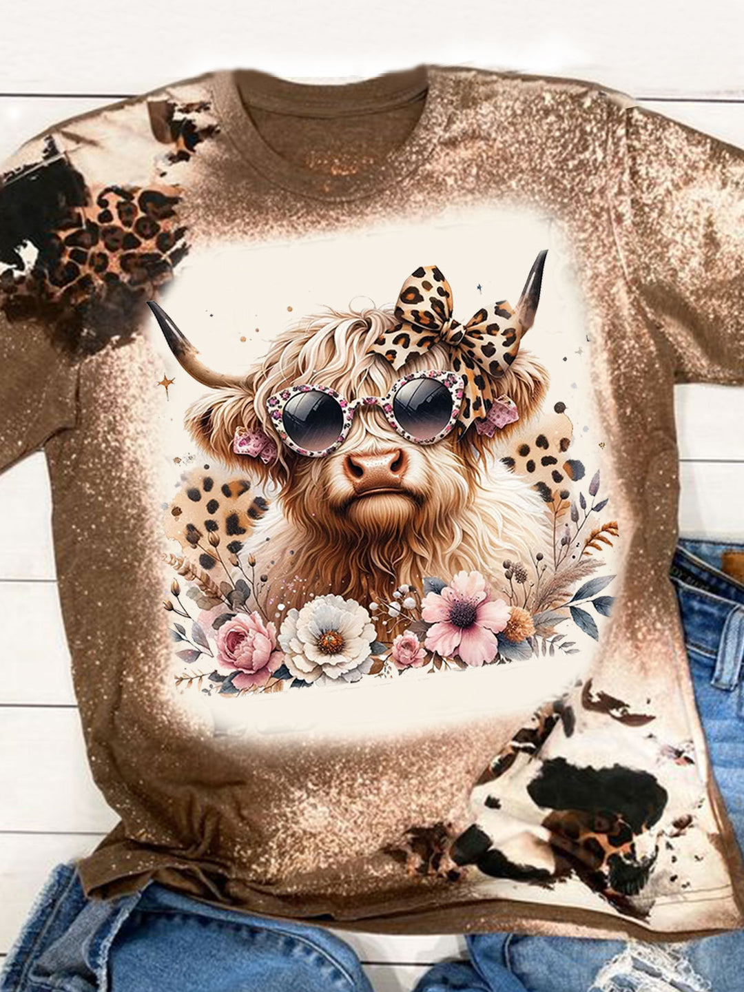 Leopard Print Floral Highland Cow Print Crew Neck Top