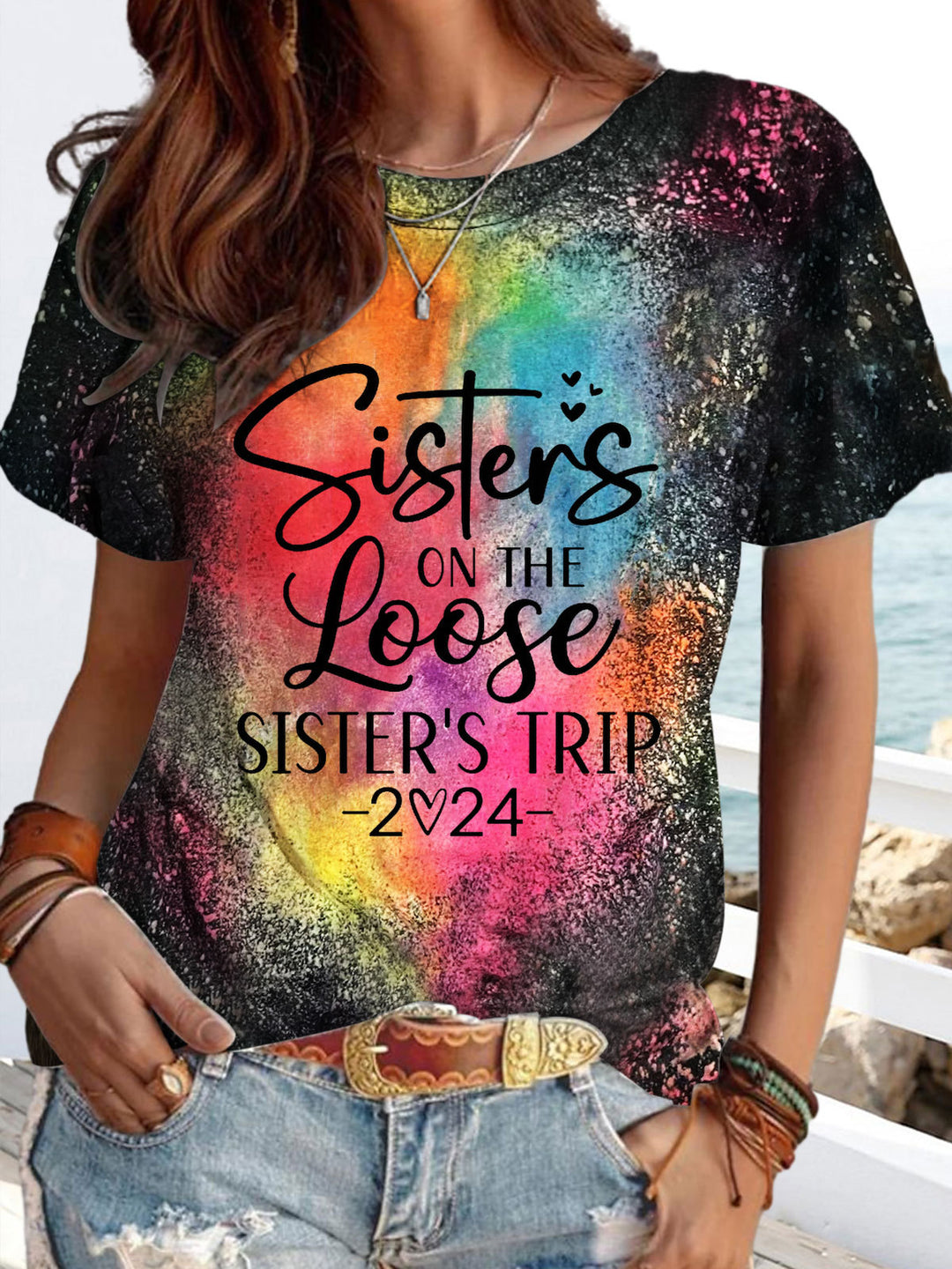 Sisters On The Loose Print Crew Neck T-shirt