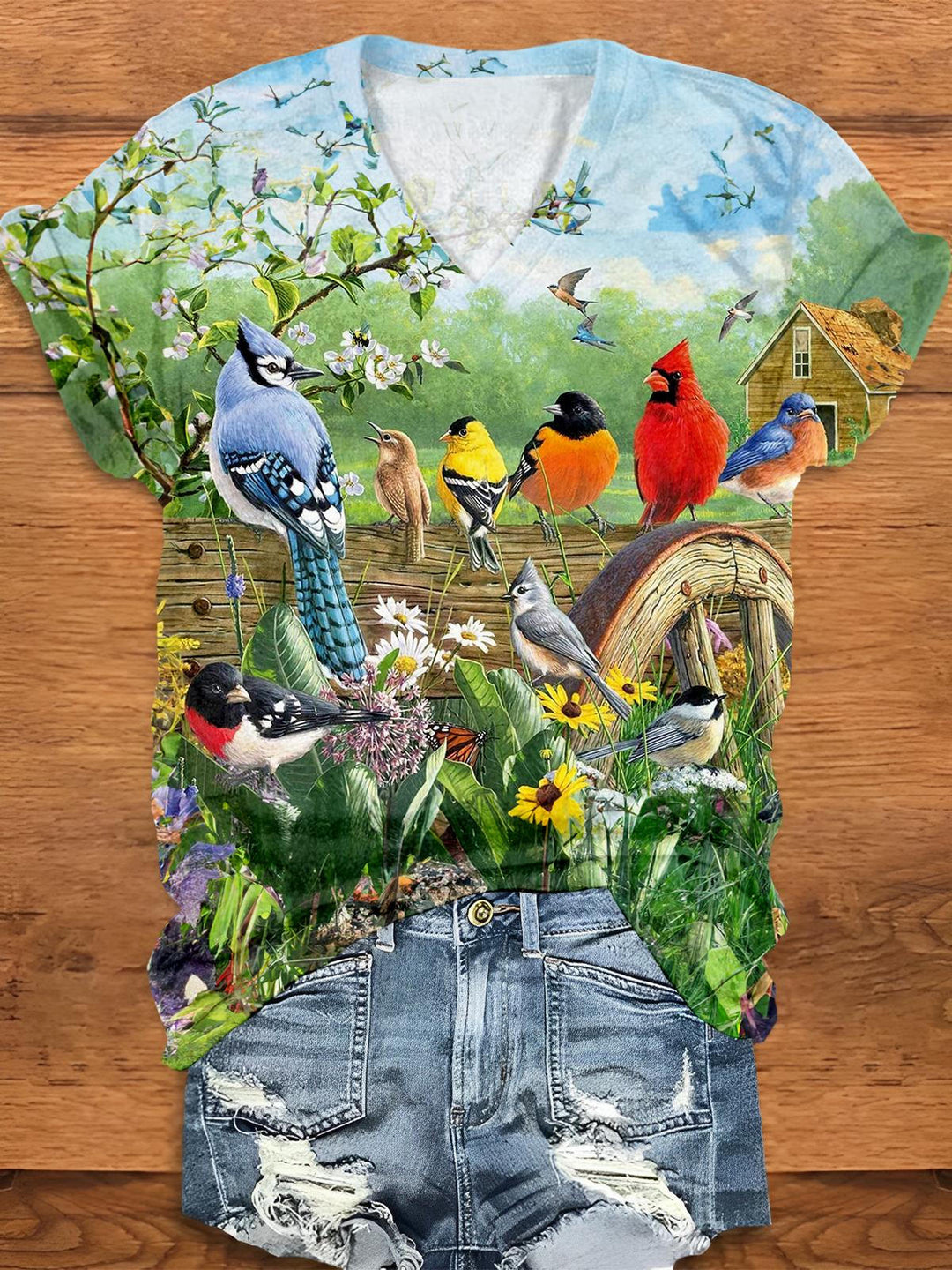 Garden Flower Birds Printed V-Neck T-Shirt