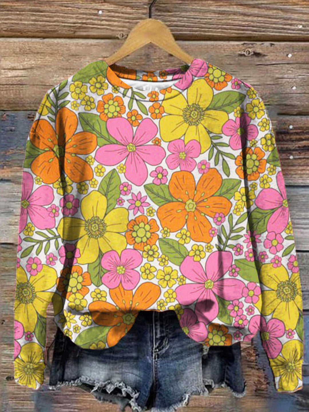 Vintage Nostalgia 1970s Floral Print Crew Neck Top