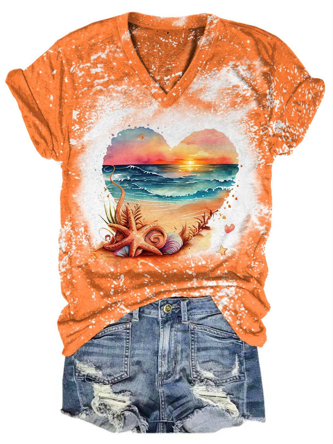 Retro Beach Heart Print V-Neck T-Shirt