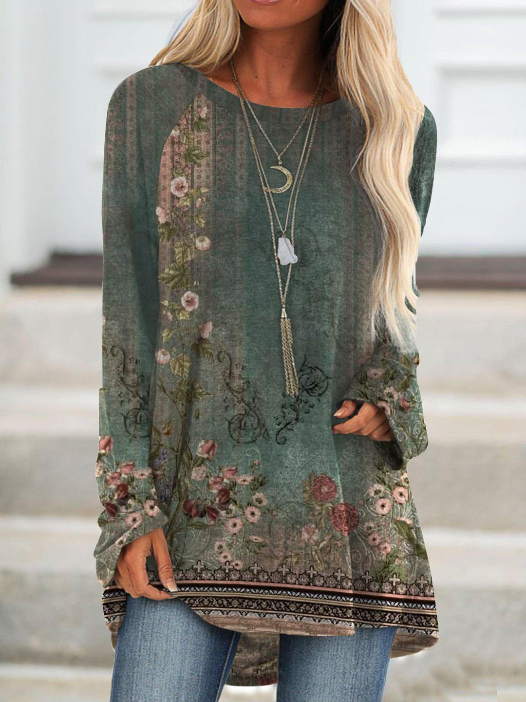 Flower Round Neck Long Sleeve Printed Top