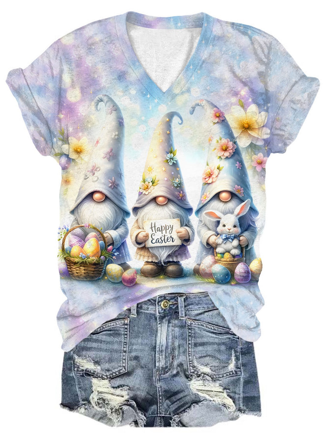 Easter Gnome Print V-Neck Short Sleeve T-Shirt
