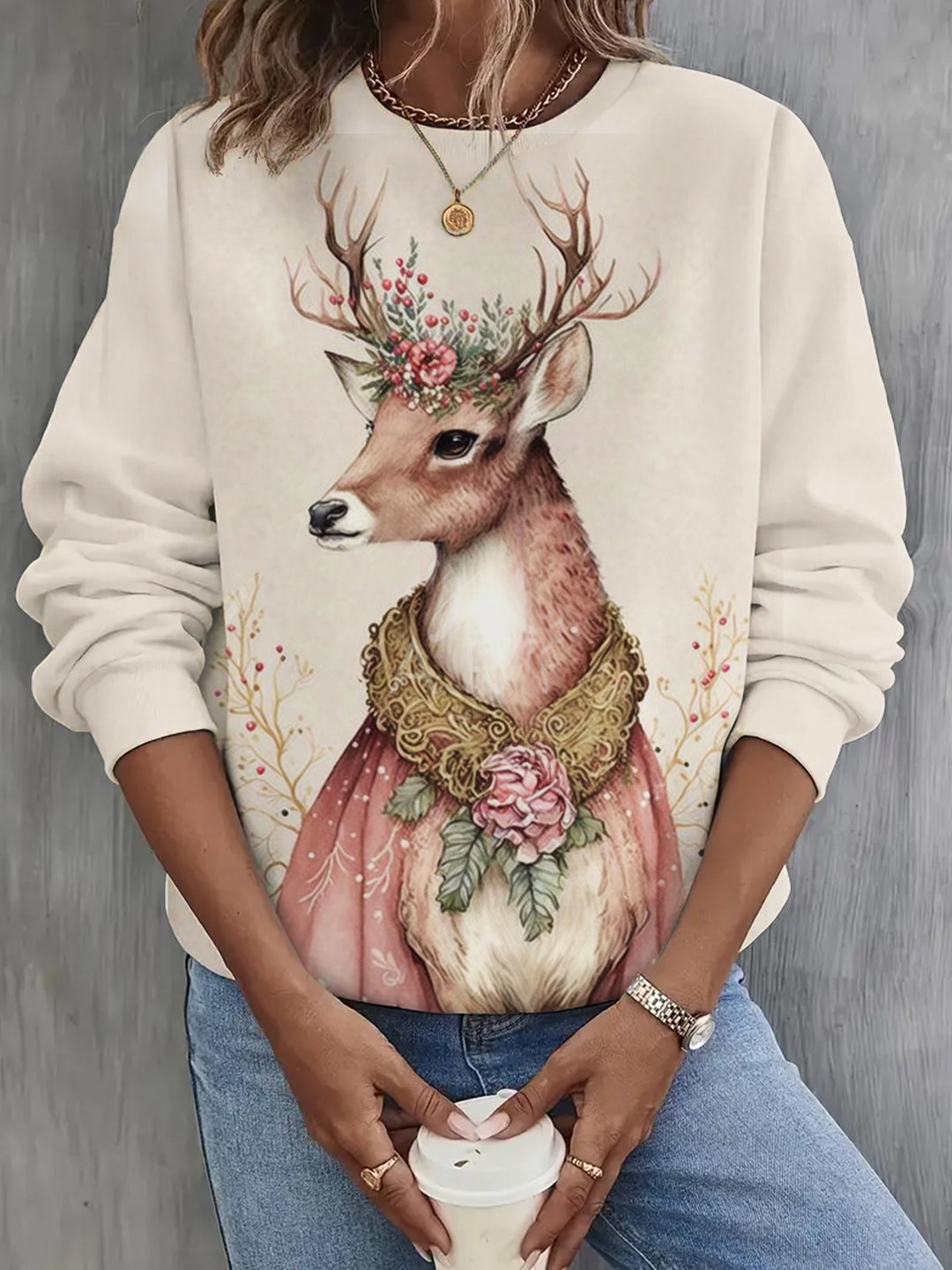 Christmas Elk Print Long Sleeve Women's Top