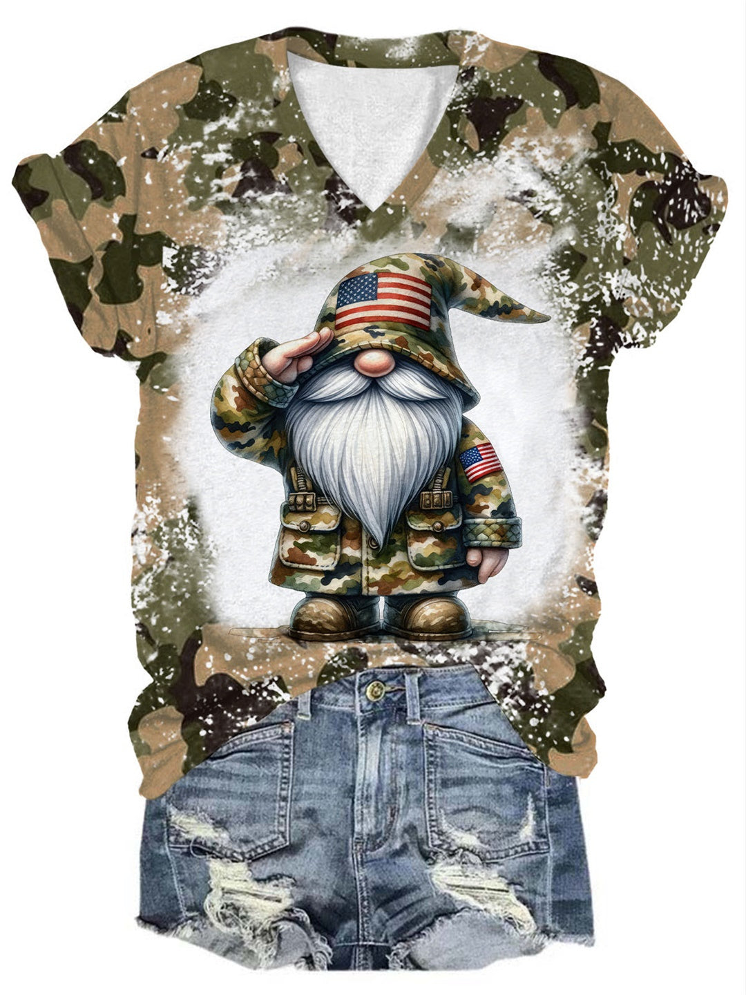 Army Gnomes Camouflage Print V-Neck T-Shirt