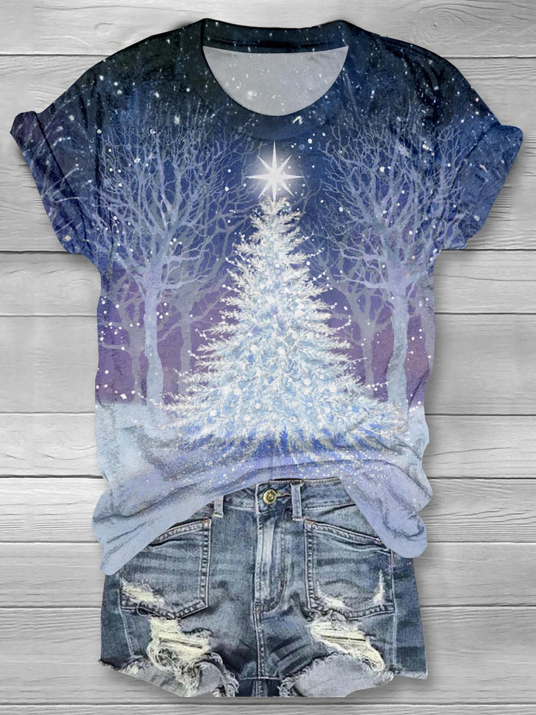 White Star Christmas Tree Crew Neck T-shirt