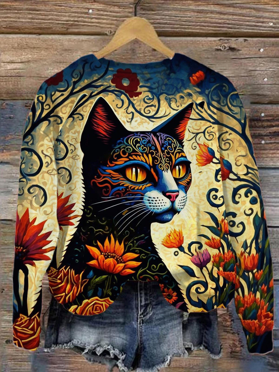 Floral Black Cat Printed Long Sleeve Top