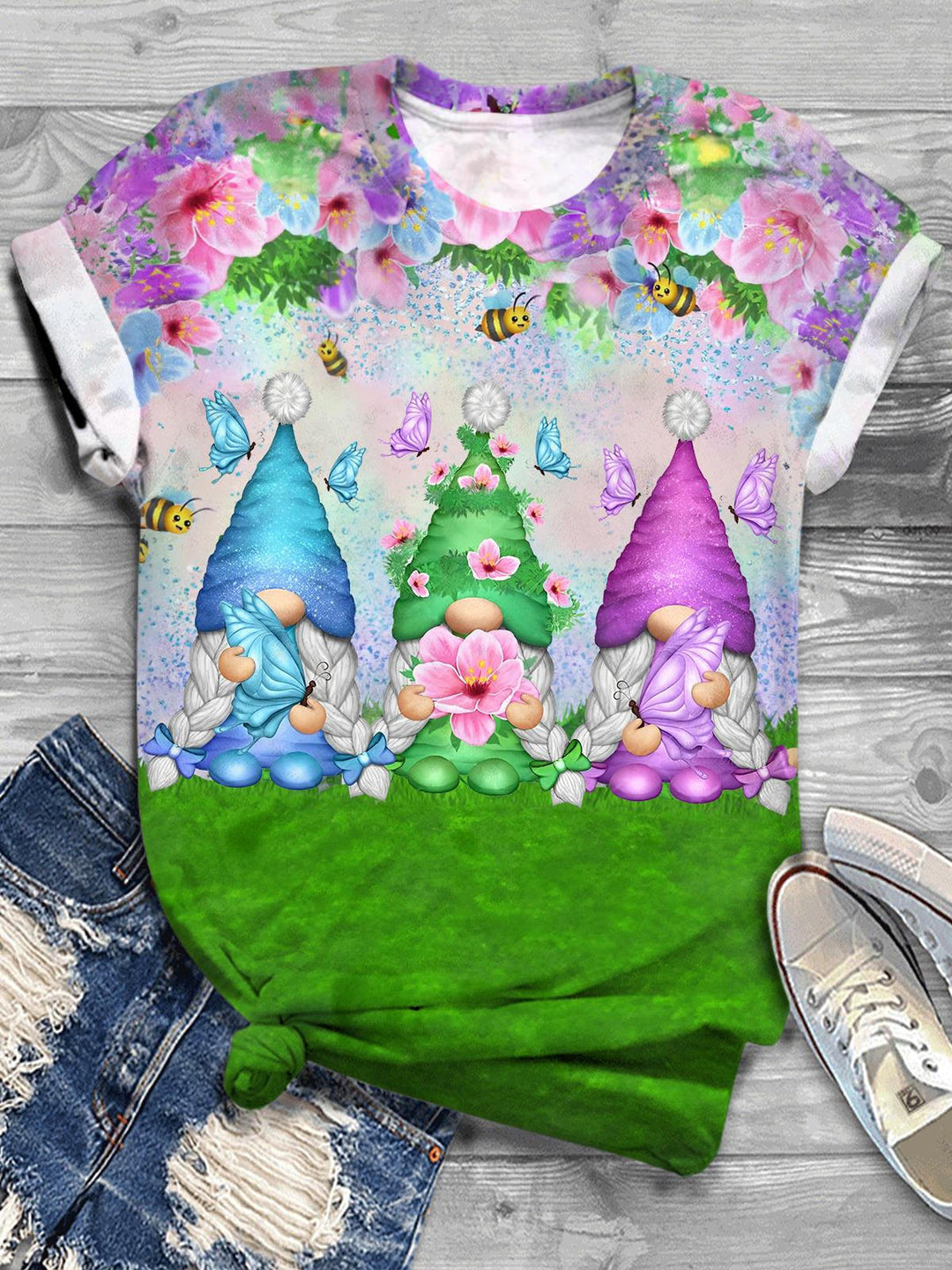 Spring Gnomes Print Crew Neck T-shirt