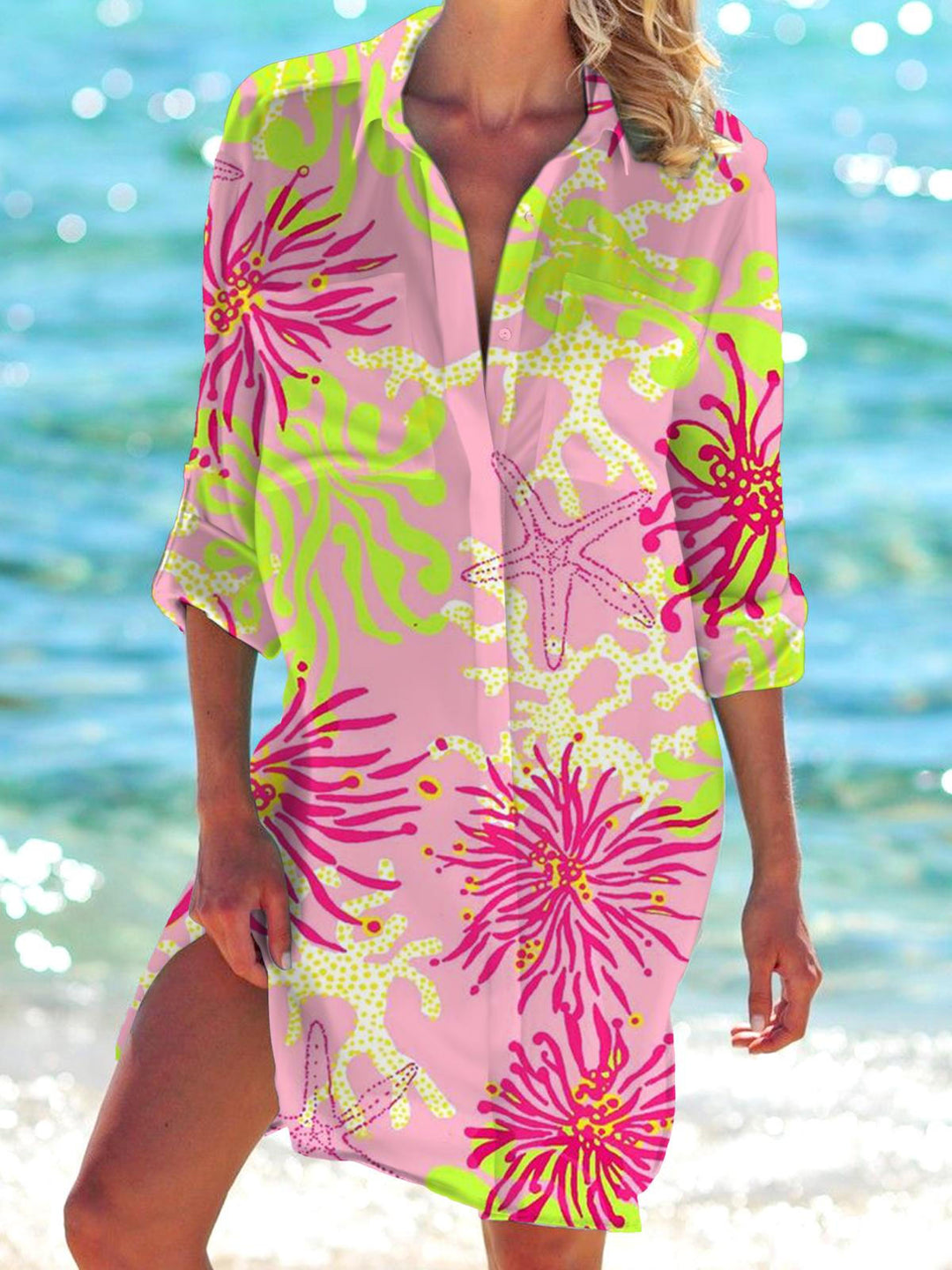 Women's Tropical Ocean Print Long Sleeve Beach Shirt Dress