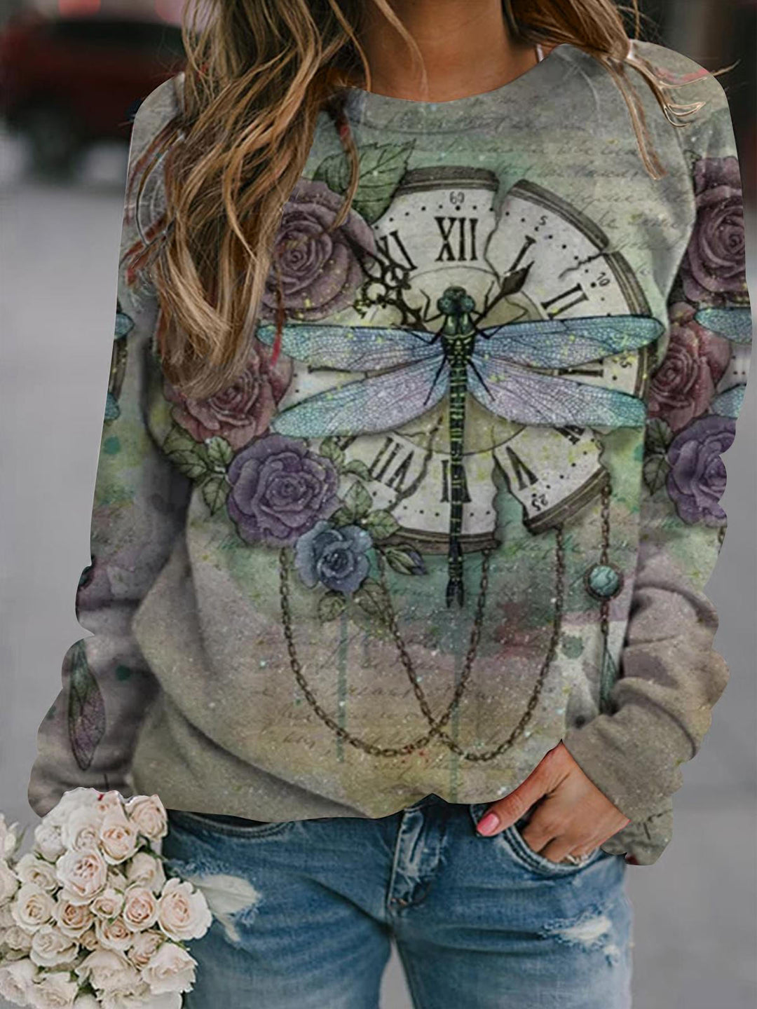 Dragonfly Flower Clock Printed Crew Neck Top